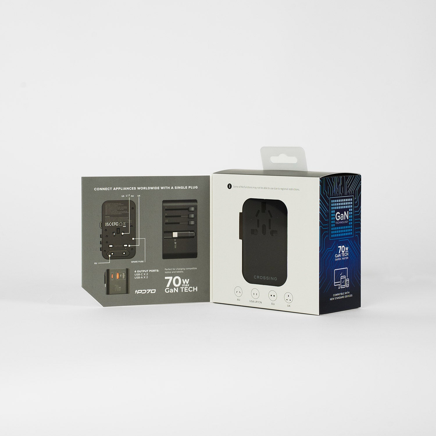 Crossing World Travel Adaptor 70W with 2 X USB-A + 2 X USB-C with Built-In Type C Cable