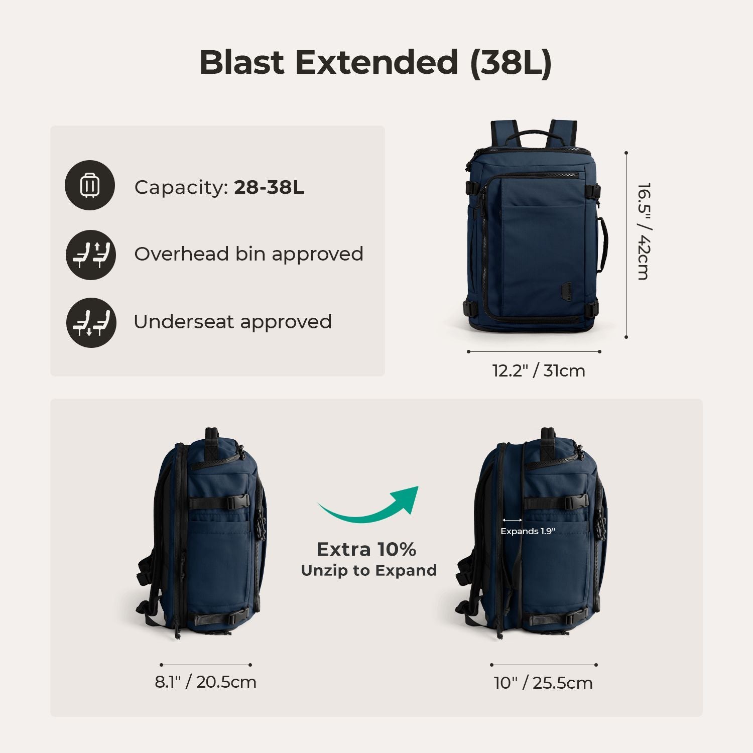 Bagsmart Blast Quick Access Carry On Travel Backpack Extended 38L