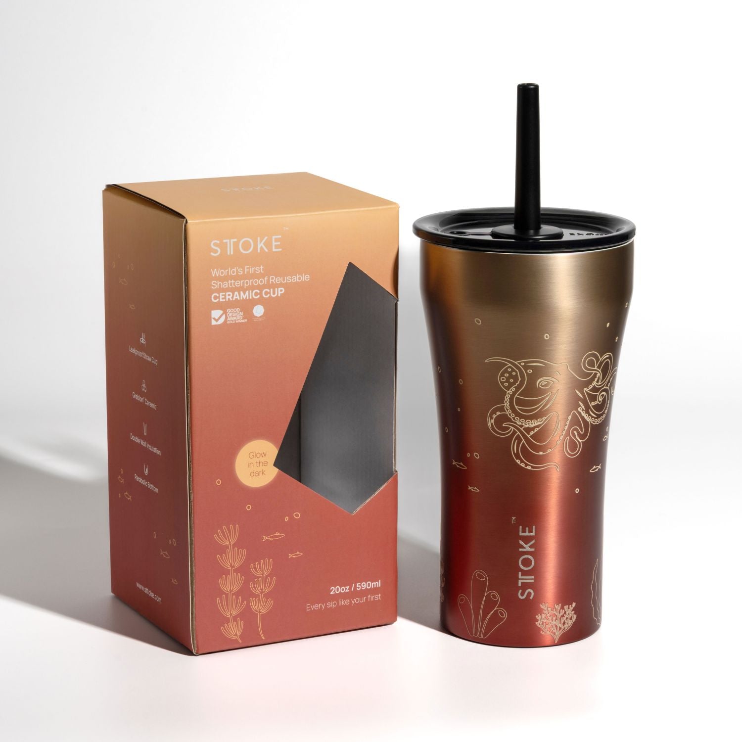 STTOKE Ocean Leakproof Ceramic Insulated Cup Powder Coating With Straw 20OZ