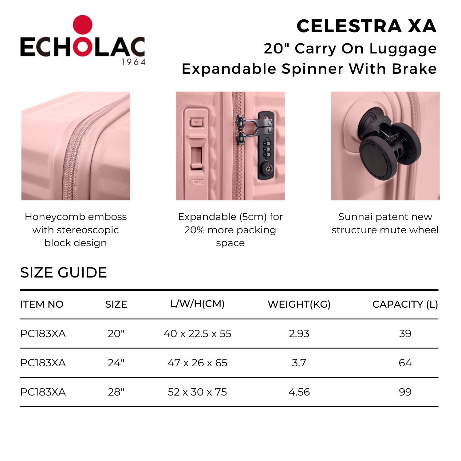 Echolac Celestra XA 20" Carry On Luggage Spinner With Brake | Carry-On Luggage, Hard Case Luggage, Luggage | Echolac-24